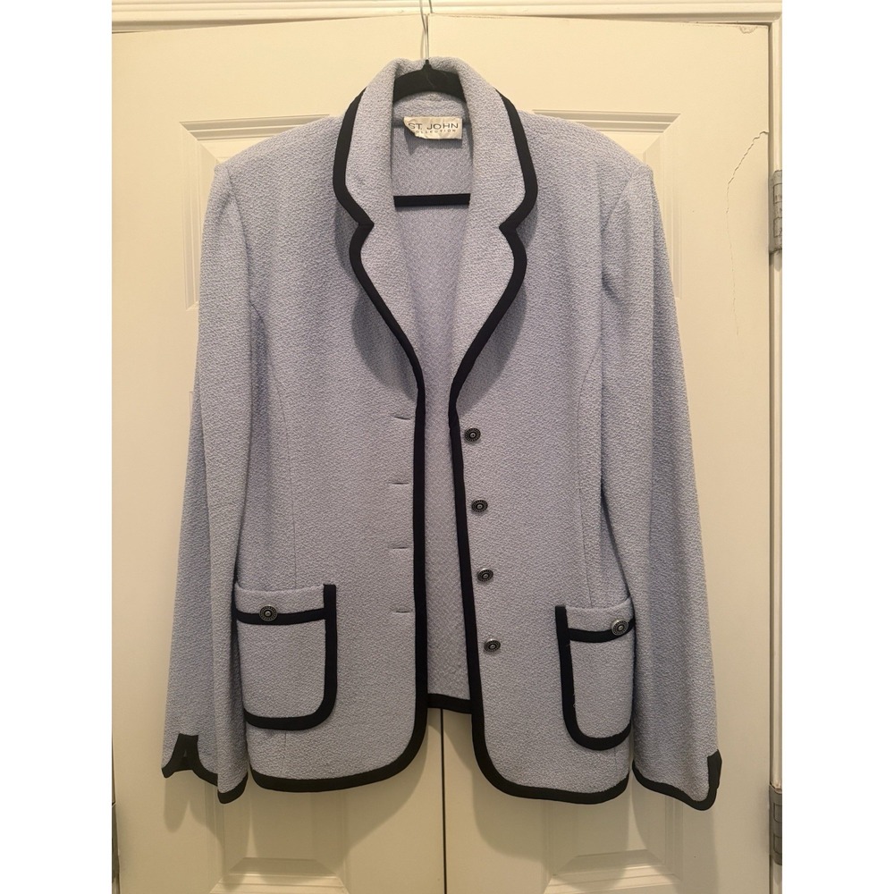 Vintage St. John collection Knit blue Black Trim jacket Blazer Medium 8/10